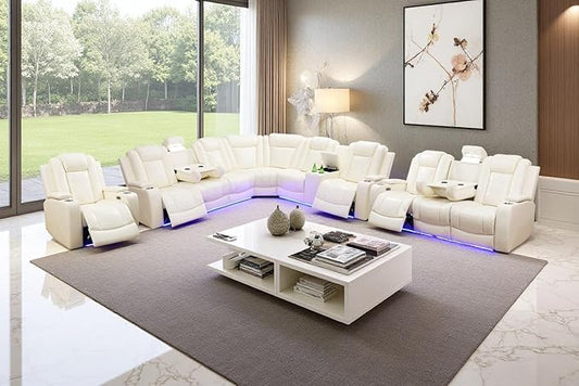 Power Recliner Sectional Sofa Set with LED Light,L Shaped Leather Sectional Couch Set with 5 Recliner Seats,Modular Couches with USB Ports for Living Room Furniture,Cream White