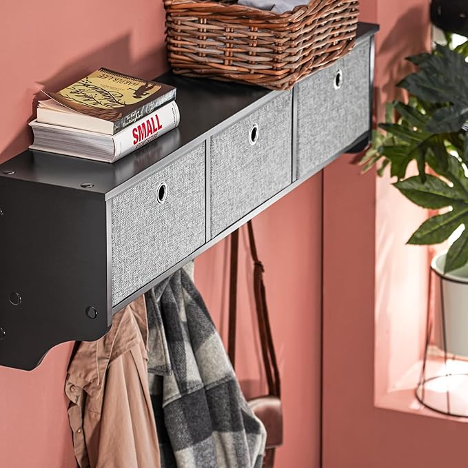 SoBuy Wall Shelf with Hooks, Coat Rack Wall Mount with Shelf Entrywall Storage Cabinet Unit with 3 Baskets 5 Hooks, Black, FRG282-SCH