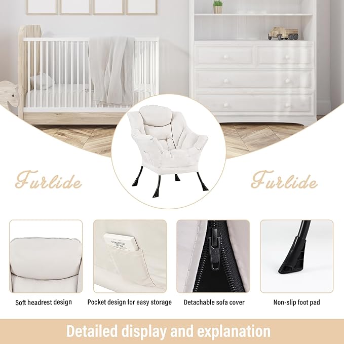 Lazy Chair for Living Room, Modern Accent Chairs with Armrests, Beige Armchairs with Side Pocket, Cozy Lazy Sofa for Reading, Balcony, Bedroom, Dorm, Small Spaces
