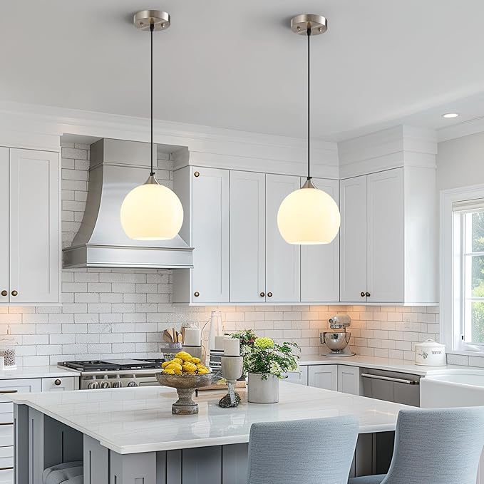 Milky Luster Glass Pendant Lights Kitchen Island Globe Pendant Light Fixtures Modern Pendant Lighting for Bedroom Living Dining Room Light Fixture (7.87 in, 3 Pack)