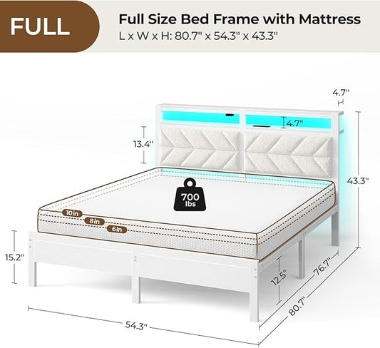 Seventable Bed Frame Full Size with Charging Station, LED Bed with Upholstered Storage Headboard - 8 Inch Gel Memory Foam Mattress, Fiberglass Free, Breathable & Pressure Relief