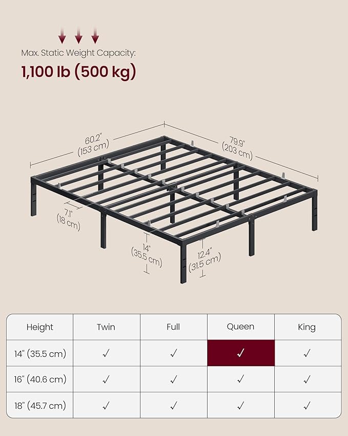 VASAGLE Queen Metal Bed Frame 14 Inches Tall, 1100 lb Weight Capacity, No Box Spring Needed, with Under-Bed Storage, Easy Setup, Heavy-Duty Platform Bed, Mattress Retainers, Matte Black URMB651BD02S