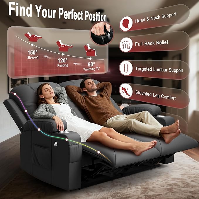 FURNIMAT 2026 Fabric Loveseat Recliner Sofa, 2 Seater Reclining Loveseat Sofa, RV Loveseat Couch, Modern Recliner Chair for Living Room, with Cup Holder and 2 Cell Phone Holders, USB Ports, Gray
