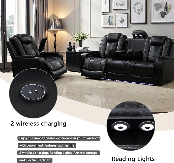 A Ainehome Power Leather Recliner Sofa Set with LED Lights, Recliner Sofa Sectional Couches for Living Room, Reclining Sofa, loveseat, Chair with USB Port/Storage Console/Cup Holder(Black,Sofa+Chair)