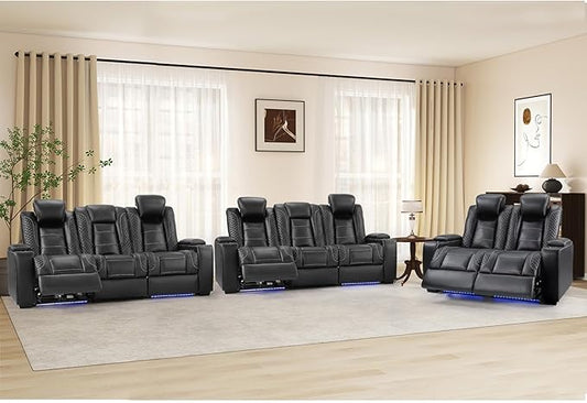 ANJ Recliner Sofa Set: 2 PCS 3-Seat Home Theater Seating and Loveseats with LED Lights, USB Charging, Faux Leather for Living Room (Black)