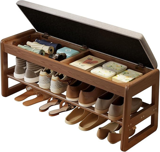 AQIMUELE Shoe Rack Bench,2 Tiers Shoe Bench with Storage with Flip-Top,Wood Shoe Rack for Entryway,Hallway(Walnut Upholstered Seat