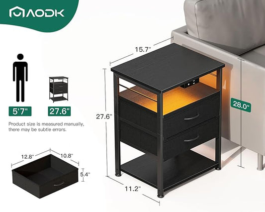AODK Nightstand with Charging Station & LED Lights, 27.6" Tall Bedside Table with 4-Tier Storage, 2 Fabric Drawers & 2 Open Shelves, Space-Saving End Table for Bedroom, Black