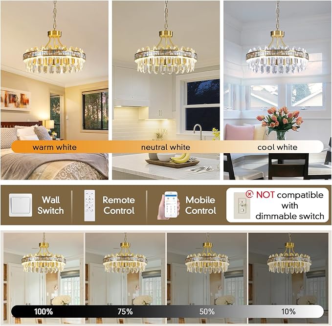 Gold Modern Round LED Crystal Chandelier - 17.7" Luxury 3 Colors Stepless Dimmable Chandeliers for Dining Room,Adjustable Height Ceiling Light Fixture for Kitchen Island Bathroom With Remote Control