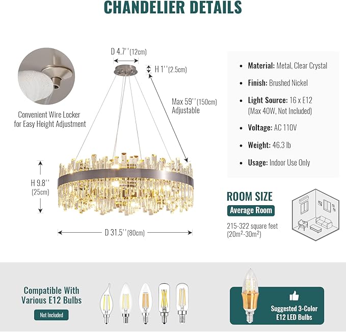 Siljoy Modern Crystal Chandelier 16-Light Brushed Nickel 2-Tiers K9 Crystal Raindrop Chandelier Luxury Flush Mount Crystal Pendant Ceiling Light Fixture for Dining Living Room Entryway Foyer D31.5''