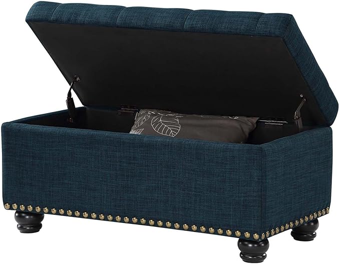 Convenience Concepts Designs4Comfort 7th Avenue Ottoman Bench 35.5" - Modern Upholstered Footstool & Seat with Hinged Lid & Storage, for Living Room, Bedroom, & Entryway, Dark Blue Fabric