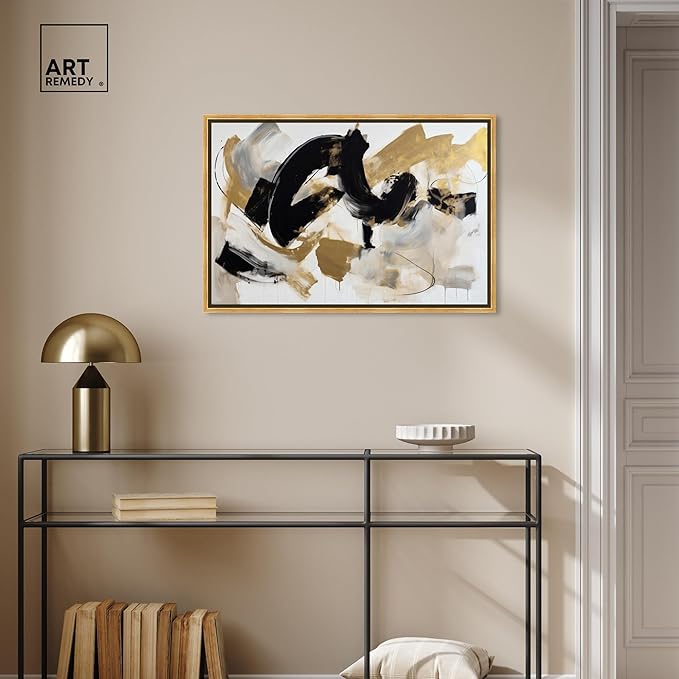 Art Remedy Moved Abstraction Canvas Modern Black White Abstract Wall Art, Gold Frame, 30" x 20"