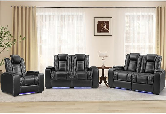 ANJ 2PCS Power Reclining Loveseat and 1PCS Recliner Chair with LED Lights, USB Charging & Cup Holders, Faux Leather Living Room Furniture for Home Theater, Small Spaces & RV (Black)
