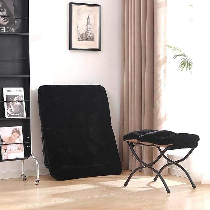 Comfy Saucer Chair with Ottoman, Oversized Folding Faux Fur Chair Soft Furry Lazy Chair with Metal Frame Moon Chair Accent Chair for Bedroom, Living Room, Dorm Rooms, Black
