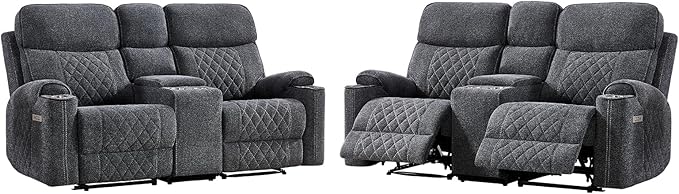 HAOMARKETS Power Reclining Loveseat Sofa Set of 2 with USB & Type-C Charging Port, Breathable Fabric 2-Seater Electric Recliner Couch with Cup Holders & Storage Console for Living Room, Dark Grey
