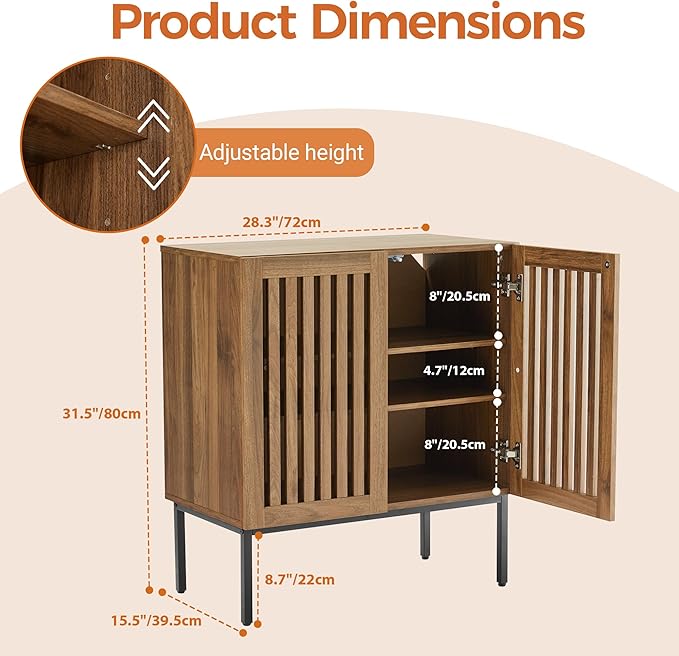Mericonia Buffet Cabinet with Storage, Sideboards 2 Doors with Metal Base and Adjustable Shelf for Kitchen, Coffee Bar, Entryway, Hallway,Living Room (2 Door Buffet Cabinet, Grille-Walnut 2.0)