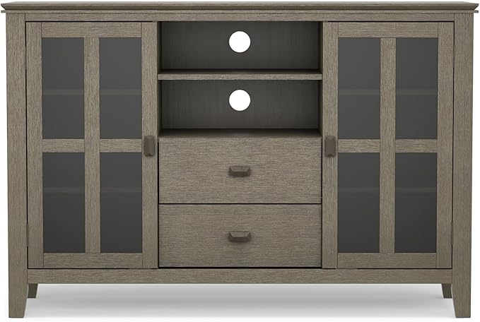 SIMPLIHOME Artisan SOLID WOOD 72 Inch Wide Contemporary TV Media Stand in Fog Grey for TVs up to 80 Inches, For the Living Room and Entertainment Center