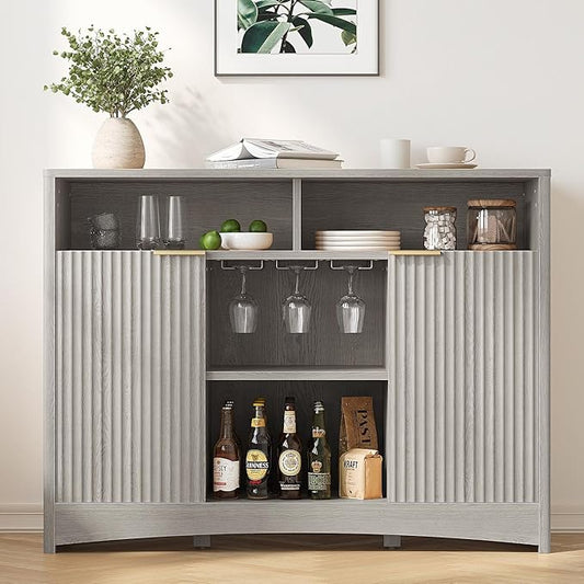 Marsail 47.2" Bar Cabinets with Storage, Modern Buffet Cabinet, Large Sideboard with 2 Fluted Panel Doors, Coffee Bar Cabinet with Adjustable Shelf and Glass Rack for Kitchen, Living Room, Grey