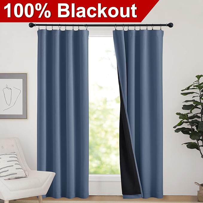 NICETOWN Complete 100% Blackout Curtains, Thermal Insulated & Energy Efficiency Window Draperies for Guest Room, Full Shading Panels for Shift Worker and Light Sleepers (Stone Blue, 42W x 84L, 2 PCs)