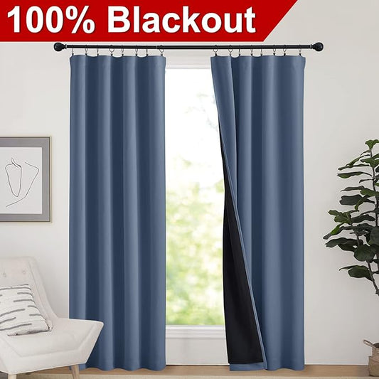 NICETOWN Complete 100% Blackout Curtains, Thermal Insulated & Energy Efficiency Window Draperies for Guest Room, Full Shading Panels for Shift Worker and Light Sleepers (Stone Blue, 42W x 84L, 2 PCs)