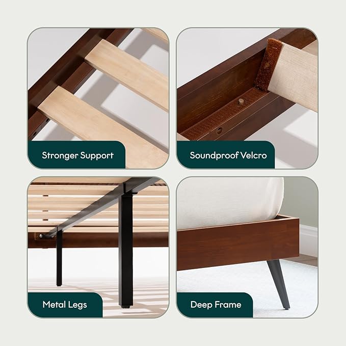 Bme Rhombus Queen Bed Frame – Solid Rubber Wood with Geometric Rhombus Headboard, Walnut Finish, Scandinavian Modern Platform Bed with Sturdy Slats & Metal Legs, No Box Spring Needed