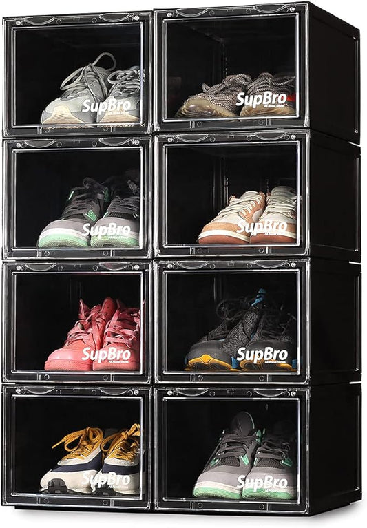 SupBro Collection Crate - Easy Access Storage Shoes Box -Plastic Foldable Stackable Sneaker Display Storage with Clear Front Door Organizer-8 Pack (Black)