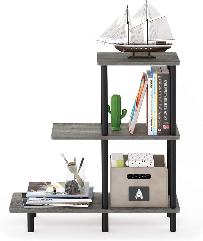 Furinno Turn-N-Tube 3-Tier Sofa Side Table Tall, French Oak Grey/Black