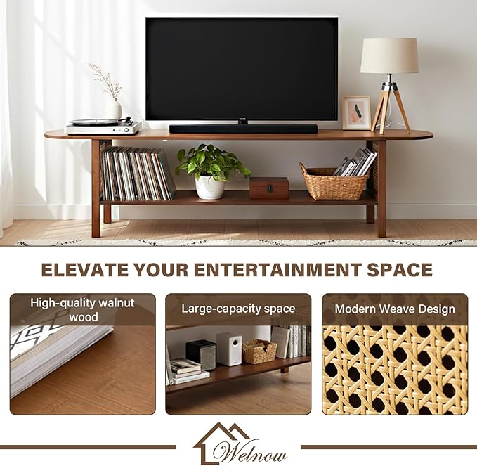 Welnow Walnut Rattan TV Stand for 65" TV, Mid Century Modern Entertainment Center with 2-Tier Open Shelves, Versatile Modern TV Console & Table for Living Room & Gaming