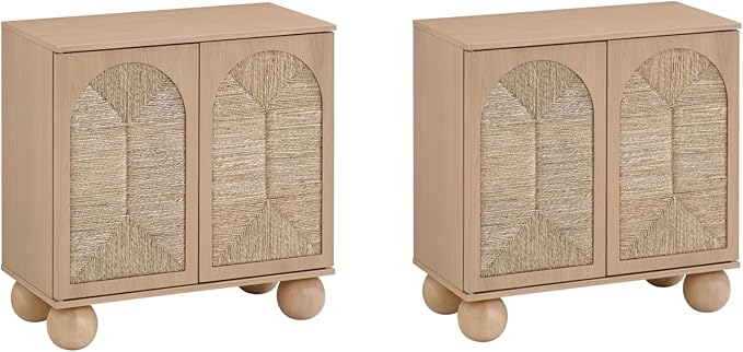Nathan James Leah Boho TV Stand or Sideboard Cabinet for Kitchen or Living Room with Ball-Style Feet, Natural Seagrass Door Fronts and Solid Wood Legs, Raw Oak, Set of 2