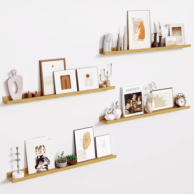 Fun Memories 36 Inch Floating Shelves for Wall - Wall Shelves with Lip Set of 4 - Nursery Bookshelf for Storage - Picture Ledge Shelf for Bedroom - Living Room - Kitchen - Oak Color