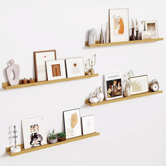 Fun Memories 36 Inch Floating Shelves for Wall - Wall Shelves with Lip Set of 4 - Nursery Bookshelf for Storage - Picture Ledge Shelf for Bedroom - Living Room - Kitchen - Oak Color