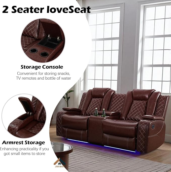 Power Recliner Sofa Set for Living Room, Leather Reclining Sofa Sets with Storage Console, Living Room Furniture Sets with LED Lights(Loveseat and Chair,Wine)
