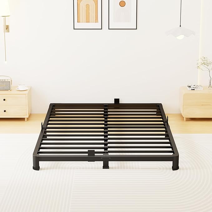 4 Inch Queen Bed Frame Low Profile, Heavy Duty Metal Platform Bed Frame with Round Corner Legs, Sturdy Mattress Foundation, No Box Spring Needed, Easy Assembly, Noise Free, Black