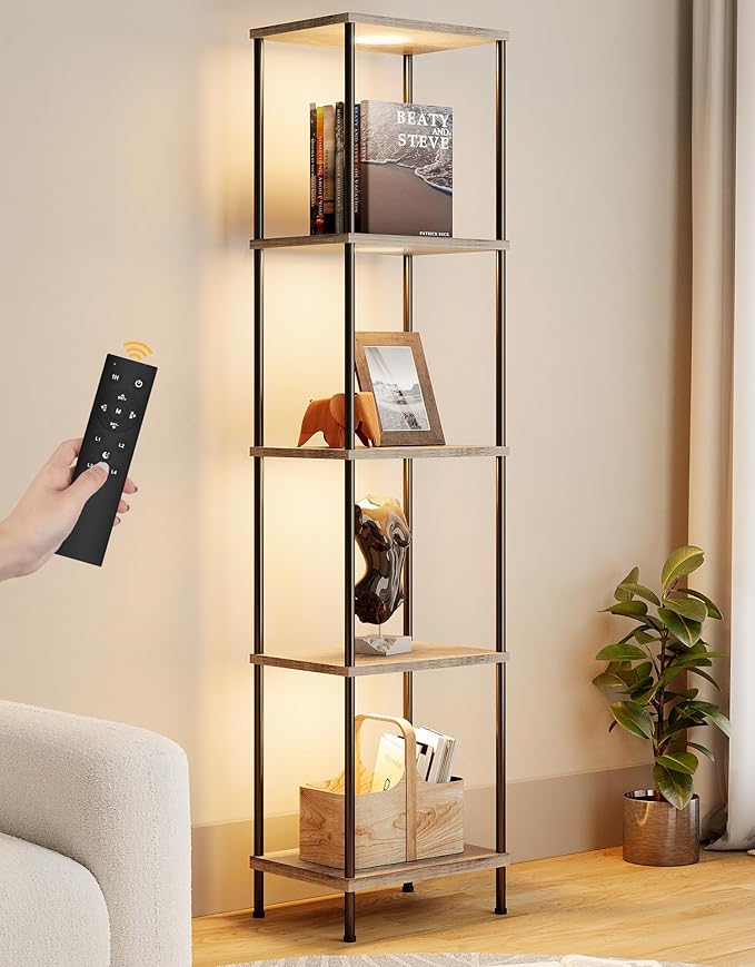 Display Shelf with RGBW Light, Color Changing Curio Cabinet Floor Lamp with Shelves Corner Standing Column Lamp Etagere Organizer Tower Nightstand Bookcase for Living Room Bedroom Office Décor, Gray