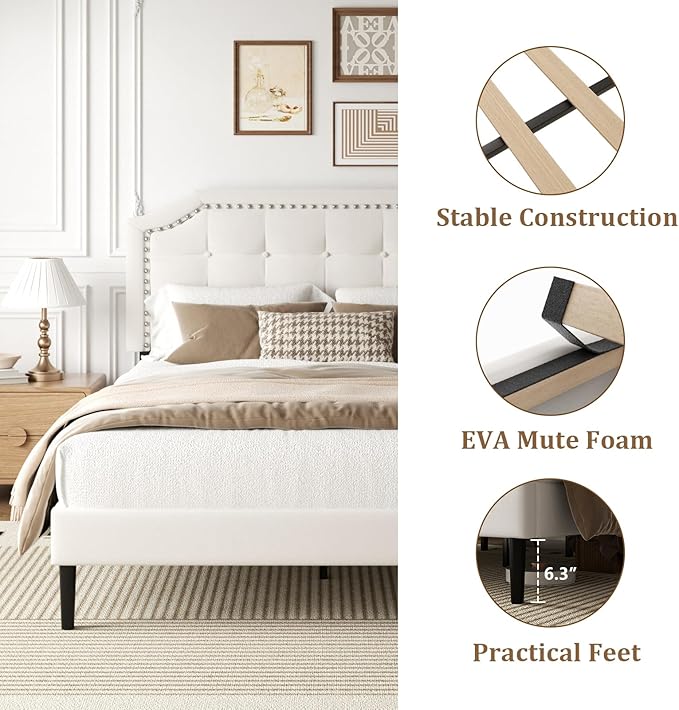 King Size Bed Frame, King Size Platform Bed Frame with Upholstered Button Tufted Headboard, Strong Wood Slats, No Box Spring Needed, Mattress Foundation, Easy Assembly Beige