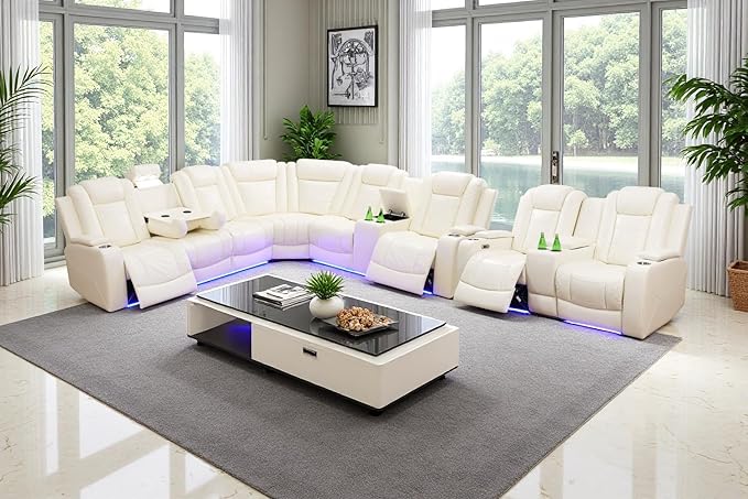 Power Recliner Sectional Sofa Set, Living Room Furniture Sets, L-Shaped Recliner Sofa & Loveseat, Breathing Leather Sectional Reclining Couch with Cup Holders for Living Room