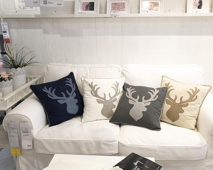 Deer Head Pillow Case Decorative Cotton Linen Embroidered Cushions Covers 18x18 Inches (Grey) …