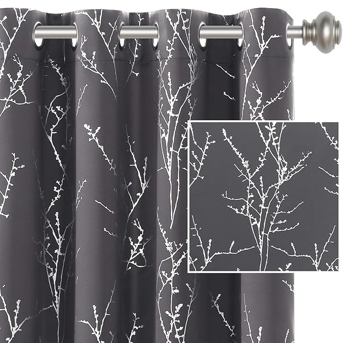 H.VERSAILTEX Blackout Curtains for Bedroom Foil Print Twig Tree Branch Thermal Insulated Grommet Curtains Light Blocking Thick Soft Window Curtains for Living 52 x 96 Inch, 2 Panels, Charcoal Gray