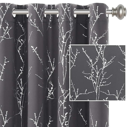 H.VERSAILTEX Blackout Curtains for Bedroom Foil Print Twig Tree Branch Thermal Insulated Grommet Curtains Light Blocking Thick Soft Window Curtains for Living 52 x 96 Inch, 2 Panels, Charcoal Gray