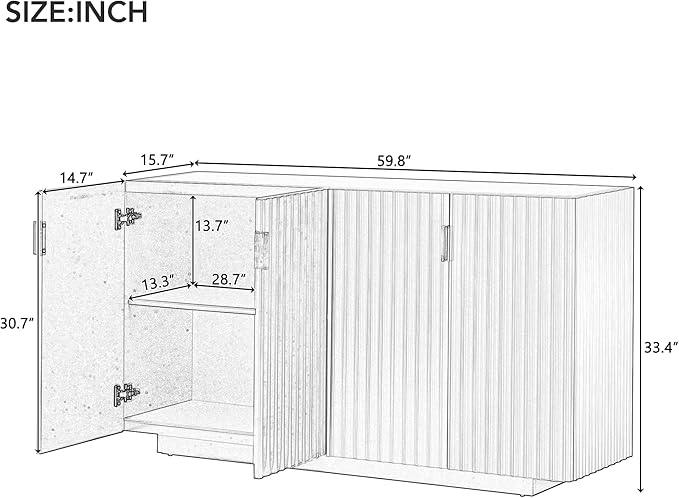 60" 4 Wavy Doors Ample Storage Sideboard with Adjustable Shelves,Retro Acacia Wood Console Table w/Retro Copper Handles,for Entryway Kitchen Dining Room Living,Antique Navy