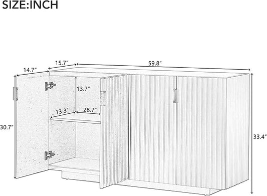 60" 4 Wavy Doors Ample Storage Sideboard with Adjustable Shelves,Retro Acacia Wood Console Table w/Retro Copper Handles,for Entryway Kitchen Dining Room Living,Antique Navy