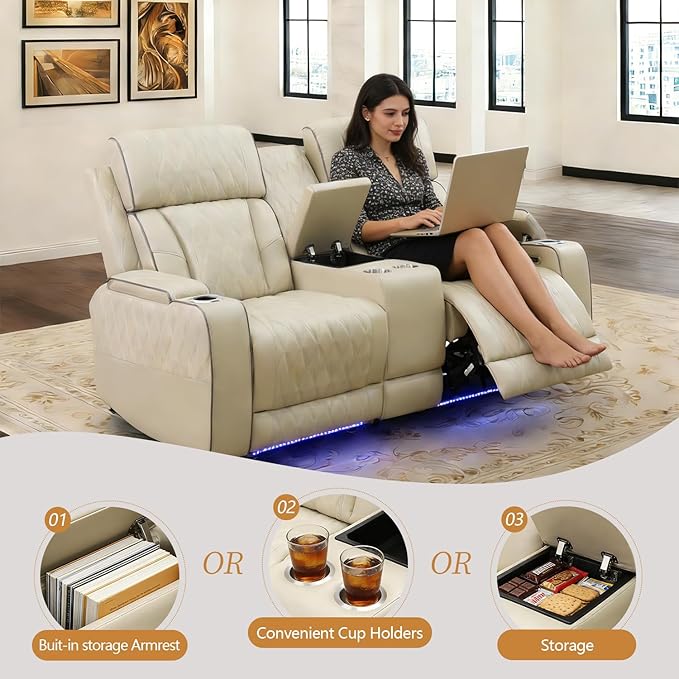 Power Leather Reclining Loveseat Sofa with LED Light,Double Recliner Sofa Love Seat with Storage Console/USB Port/Cup Holder,Leather Couch for Living Room Furniture Sets(2 Seats,Beige)