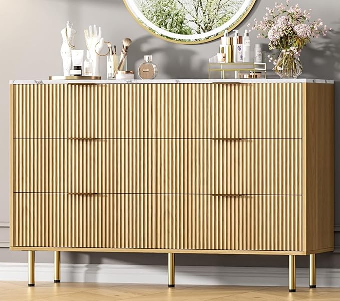 GAOMON 6 Drawer Dresser for Bedroom Chest of Drawers, 47" Wide Fluted Dresser with Drawers, Modern Wooden Double Dressers with Metal Handles for Living Room, Hallway