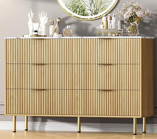 GAOMON 6 Drawer Dresser for Bedroom Chest of Drawers, 47" Wide Fluted Dresser with Drawers, Modern Wooden Double Dressers with Metal Handles for Living Room, Hallway