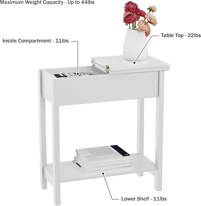 Lavish Home Flip-Top End Table - Slim Side Console with Hidden Hinged Storage Compartment and Lower Shelf - For Living Room or Hallway Use (White)