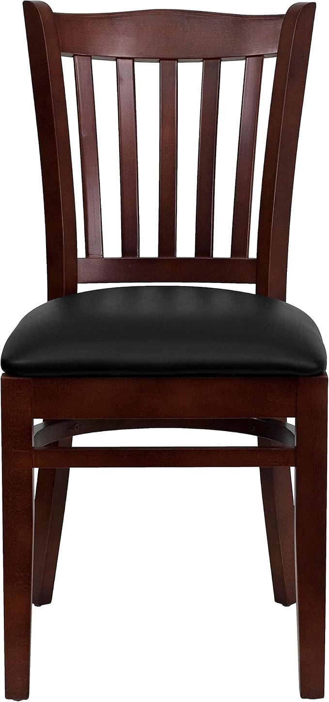 Flash Furniture HERCULES Series Vertical Slat Back Mahogany Wood Restaurant Chair - Black Vinyl Seat