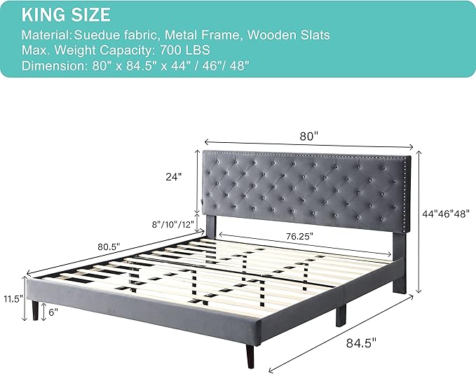 King Upholstered Platform Bed Frame with 48" Tall Adjustable Headboard - Button Tufted Suede Velour Bed- Wood Slat Support with Storage Space - No Box Spring Needed - Grey - OLIVER & SMITH - Princeton