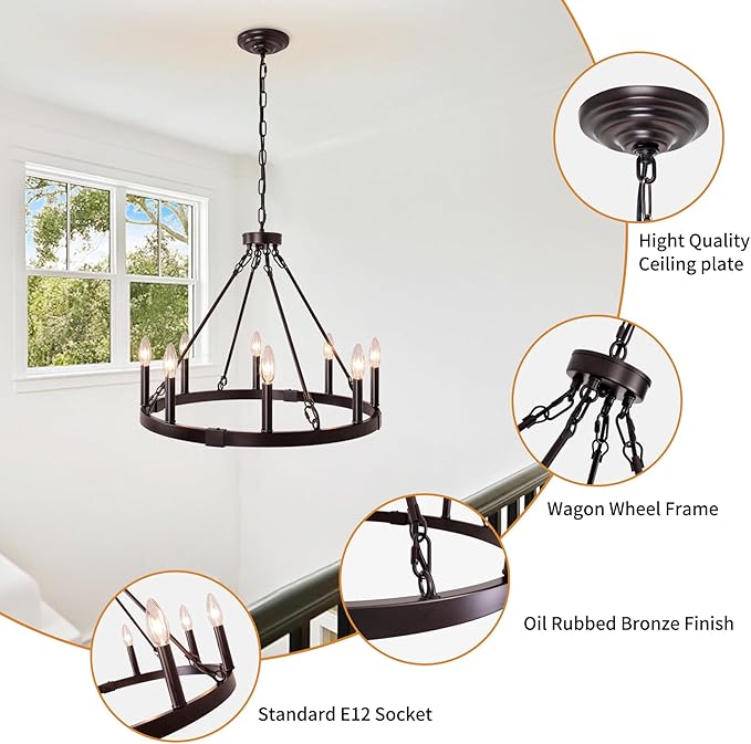 8 Light Wagon Wheel Chandelier, 23.6" Oil-Rubbed Bronze Dining Room Light Fixture with Adjustable Height, Industrial Hanging Lights for Living Room Bedroom Foyer Entryway,E12 Base