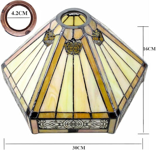 WERFACTORY Tiffany Lamp Shade Replacement 12X10X6 Inch Yellow Hexagon Stained Glass Mission Lampshade Only 1-5/8-Inch Fitter Opening for Arched Floor Lamp-Torchiere Lamp-Pendant Light S011 Series