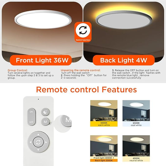 TALOYA Flush Mount Ceiling Light with Remote,3000K-6500K Adjustable,2000K Nightlight,15.8 Inch, Led Low Profile Ceiling Lights for Bedroom, Living Room, Kitchen, White