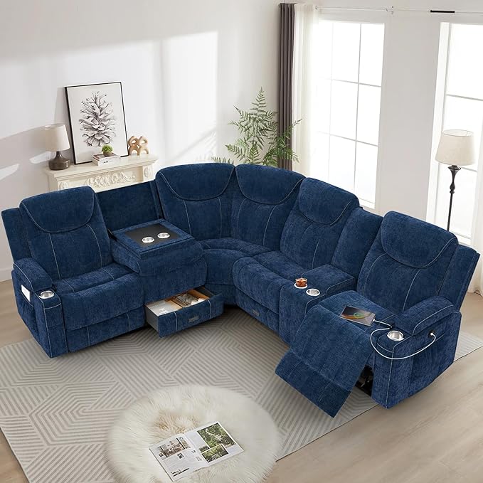 Dresegmt Home Theater Seating, Manual Recliner Sectional Sofa for Living Room, 5 Seater Reclining Sectional Couch with Flip-Up Backrest, Storage Console, USB Ports, Cloud-Like Blue Fabric